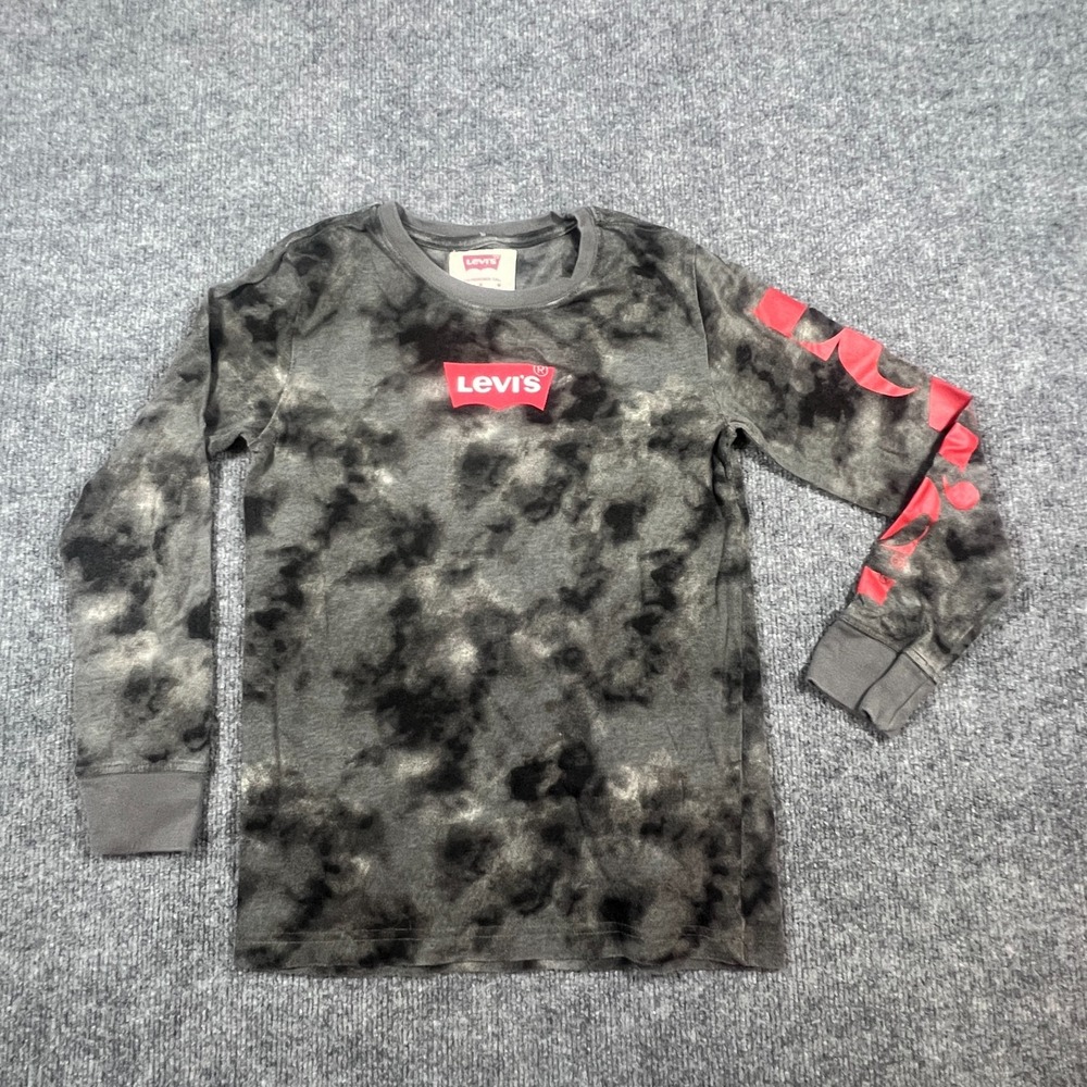 Levi's Batwing T Shirt Boys Medium 10-12 Black Gray Tie Dye Cotton Long Sleeve